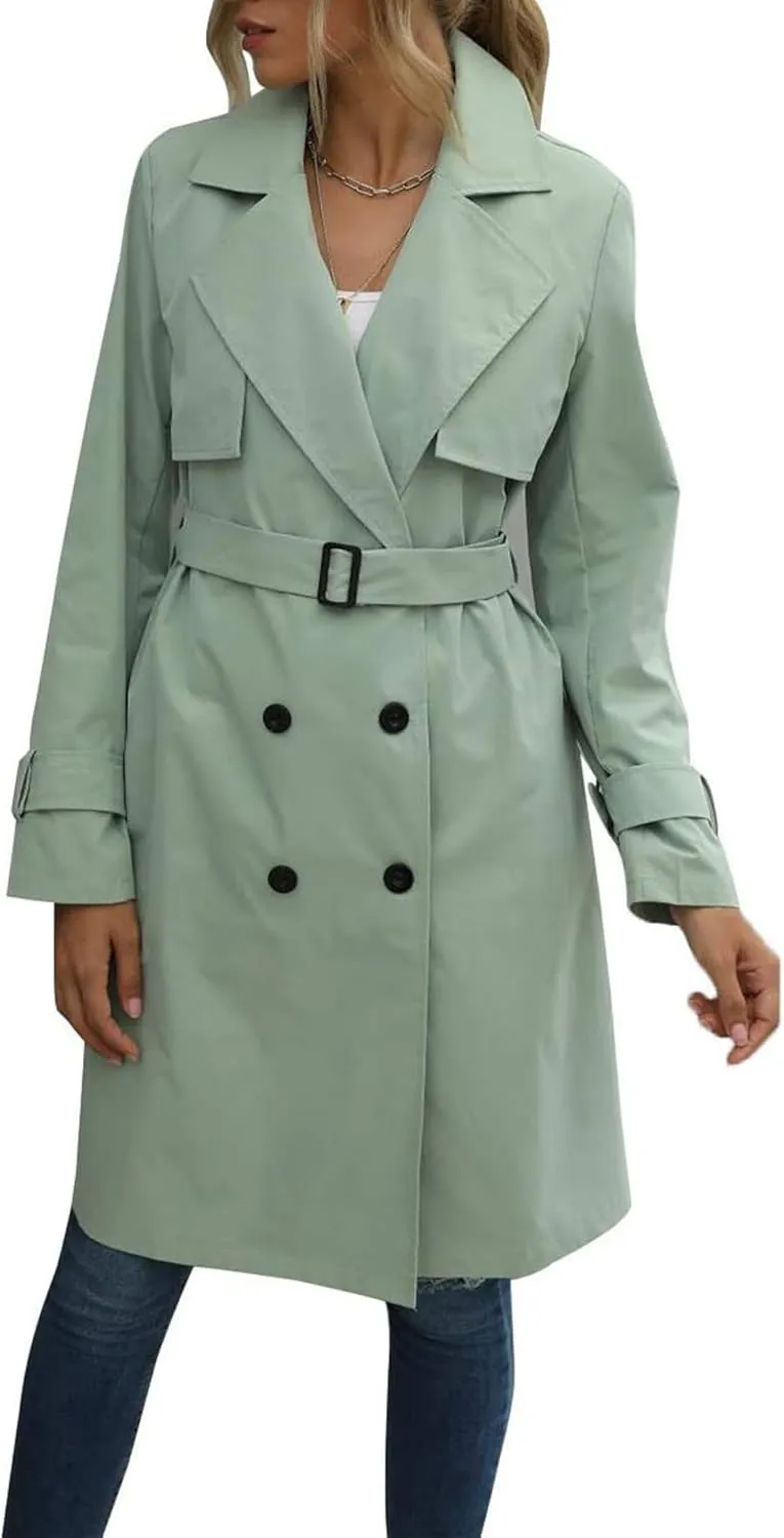 SEMATOMALA Women's Double Breasted Midi Trench Coat Flowy Light Weight Classic Belted Lapel Slim Windproof Overcoat