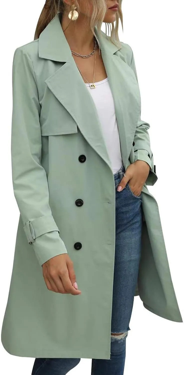 SEMATOMALA Women's Double Breasted Midi Trench Coat Flowy Light Weight Classic Belted Lapel Slim Windproof Overcoat