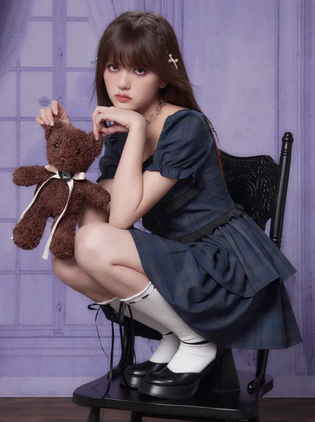 Sleeve Dress Shorts Check Puff