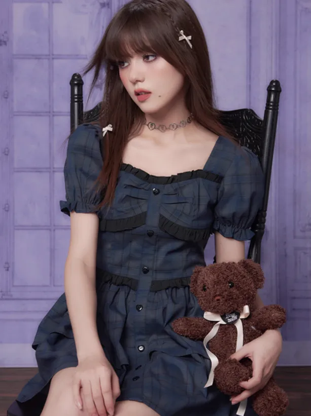 Sleeve Dress Shorts Check Puff