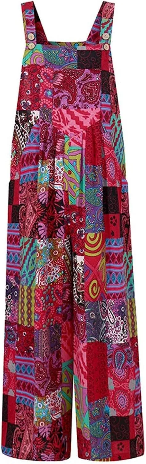 Summer Jumpsuit for Women,Boho Spaghetti Strap Overalls Retro Ethnic Style Rompers Loose Jumpsuits with Pockets
