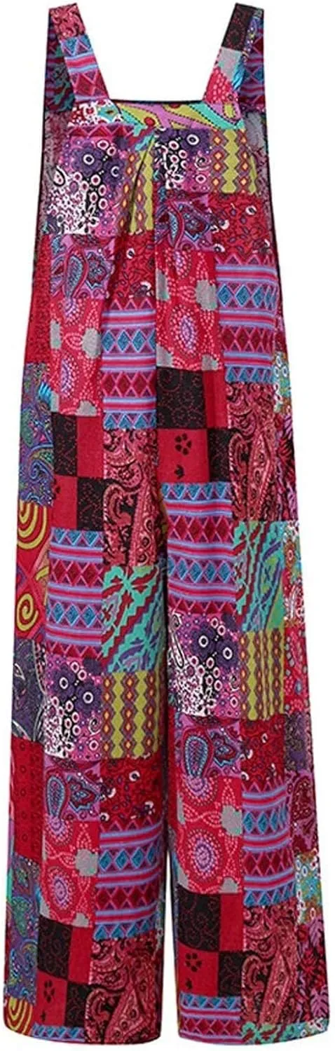 Summer Jumpsuit for Women,Boho Spaghetti Strap Overalls Retro Ethnic Style Rompers Loose Jumpsuits with Pockets