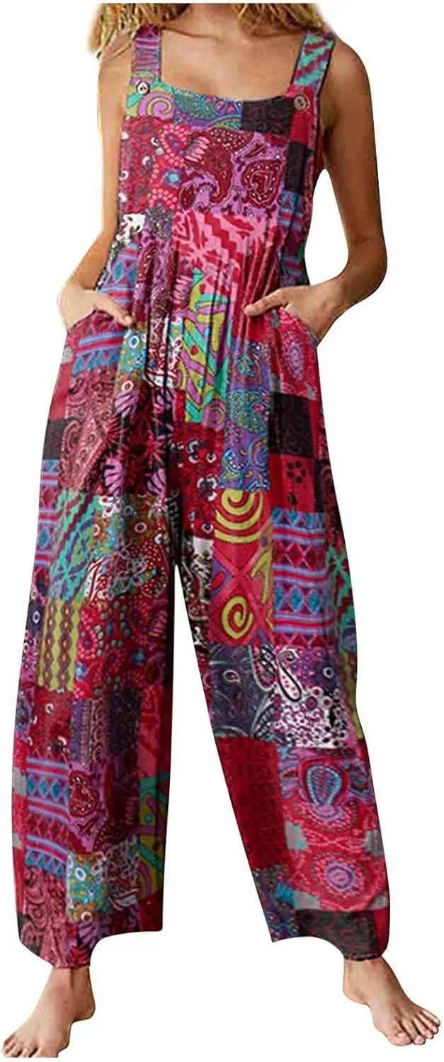 Summer Jumpsuit for Women,Boho Spaghetti Strap Overalls Retro Ethnic Style Rompers Loose Jumpsuits with Pockets
