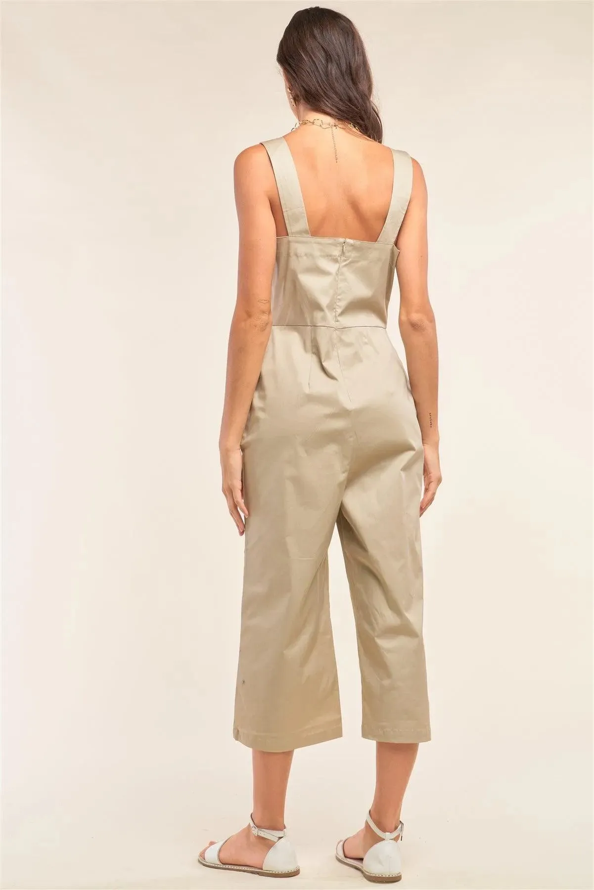 Taupe Button-Front Sleeveless Wide Leg Jumpsuit/1-2-2-1