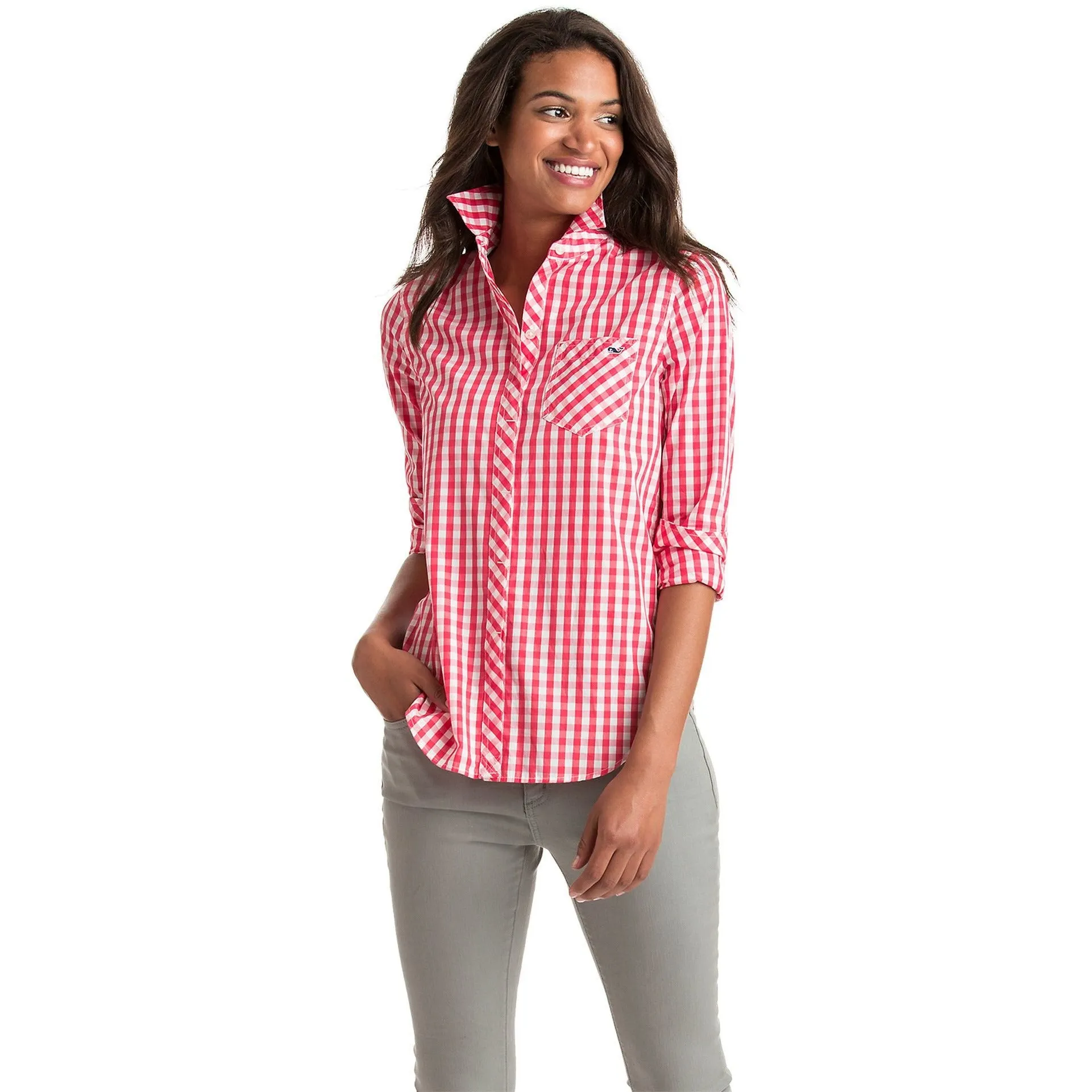 Vineyard Vines Relaxed Seabreeze Gingham Pocket Button-Up Coral Red