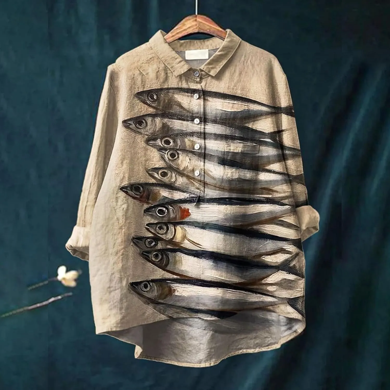 Women Floral Print Linen Shirts Gaze Tops Lapel Neck Button Blouses Long Comfy Tops Summer Casual Drassy Tunic Top