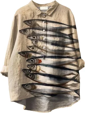 Women Floral Print Linen Shirts Gaze Tops Lapel Neck Button Blouses Long Comfy Tops Summer Casual Drassy Tunic Top