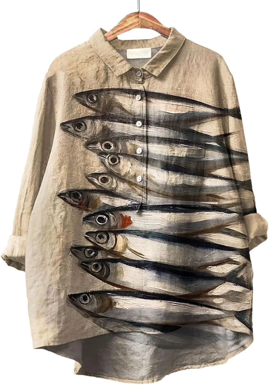 Women Floral Print Linen Shirts Gaze Tops Lapel Neck Button Blouses Long Comfy Tops Summer Casual Drassy Tunic Top