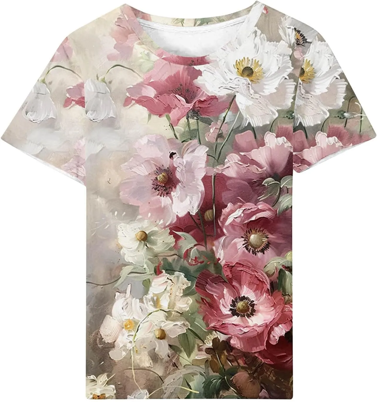 Women Summer Casual Hawaiian Printed T Shirt Short Sleeve Crewneck Vacation Basic Tops Loose Comfy Blouse