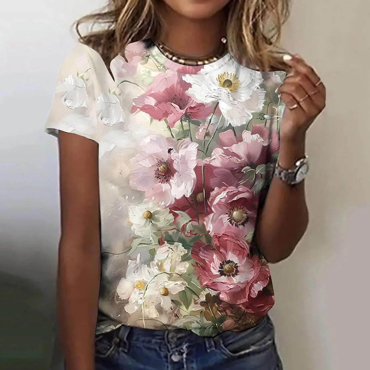 Women Summer Casual Hawaiian Printed T Shirt Short Sleeve Crewneck Vacation Basic Tops Loose Comfy Blouse