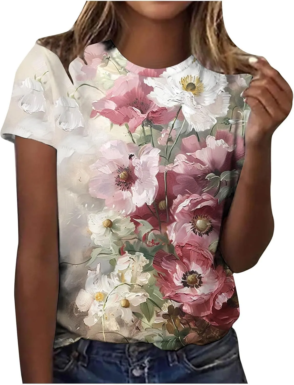 Women Summer Casual Hawaiian Printed T Shirt Short Sleeve Crewneck Vacation Basic Tops Loose Comfy Blouse