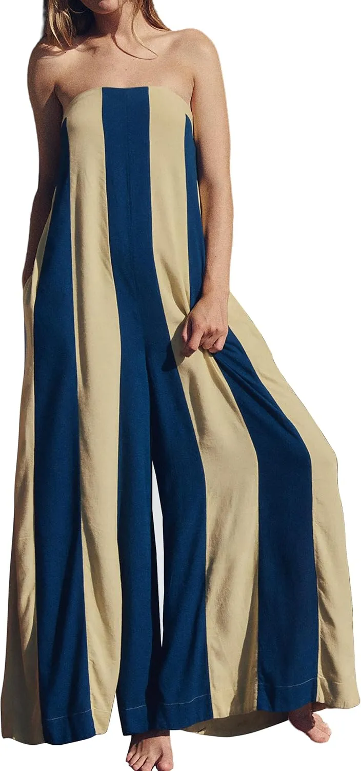 Women Summer Casual Loose Strapless Boho Color Block Wide Legs Jumpsuit Boho Striped Long Rompers One Piece Outfits
