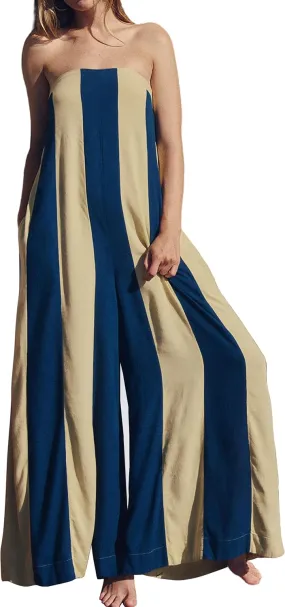 Women Summer Casual Loose Strapless Boho Color Block Wide Legs Jumpsuit Boho Striped Long Rompers One Piece Outfits