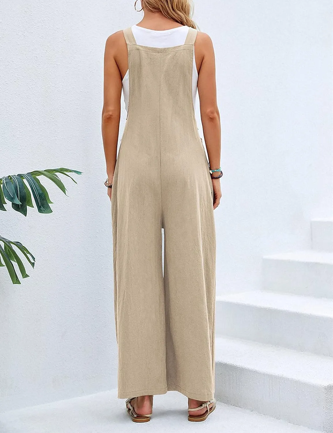 Women's Cotton Linen Wide Leg Jumpsuits Sleeveless Loose Adjustable Shoulder Straps Baggy Overalls with Pockets