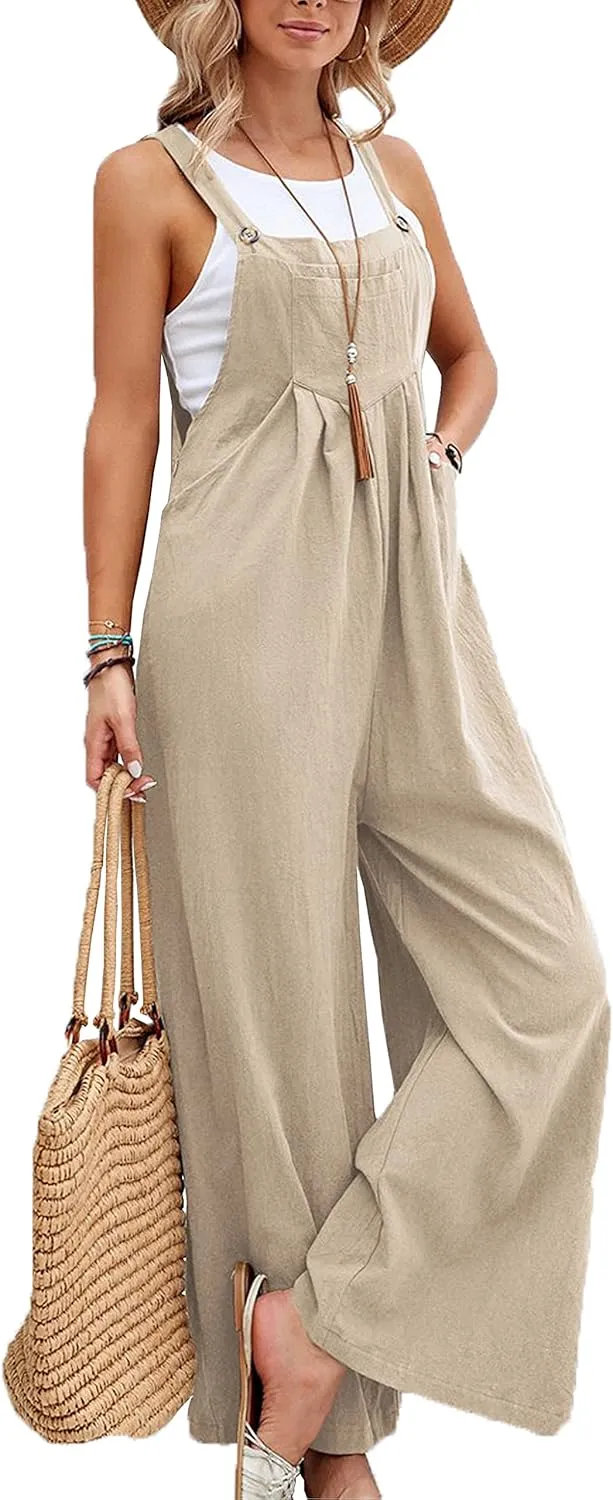Women's Cotton Linen Wide Leg Jumpsuits Sleeveless Loose Adjustable Shoulder Straps Baggy Overalls with Pockets