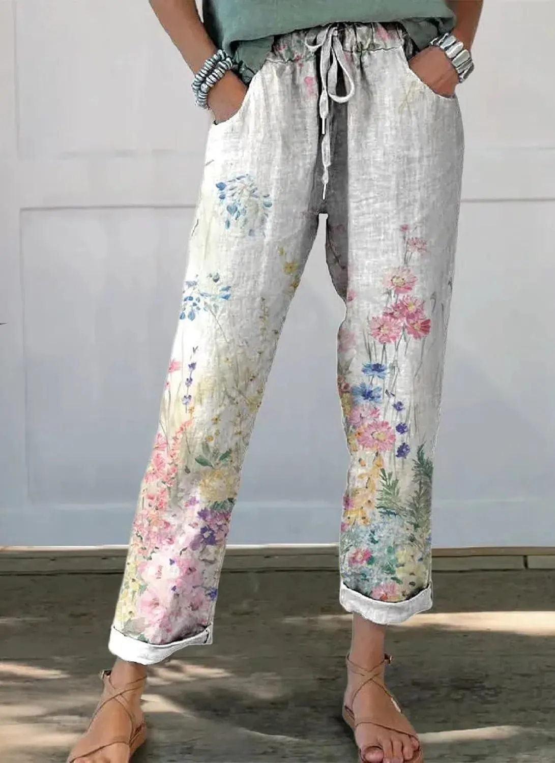 Womens Floral Prirted Linen Pants Summer Beach Relaxed Fit Straight Leg Roll Hem Crop Trousers with Pockets