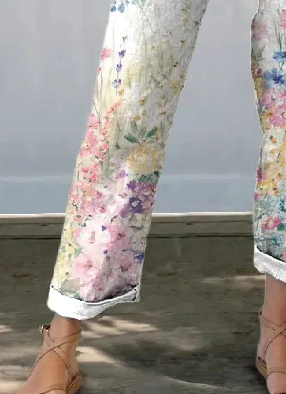 Womens Floral Prirted Linen Pants Summer Beach Relaxed Fit Straight Leg Roll Hem Crop Trousers with Pockets