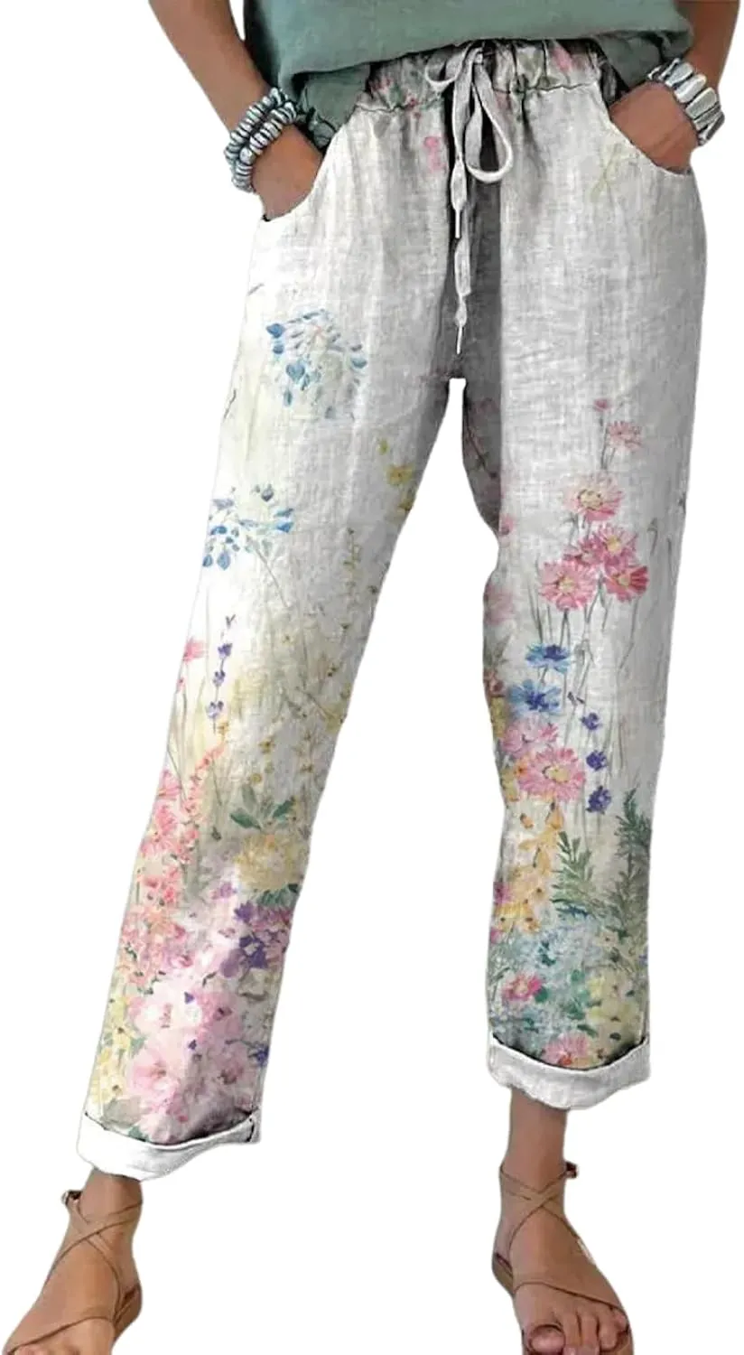 Womens Floral Prirted Linen Pants Summer Beach Relaxed Fit Straight Leg Roll Hem Crop Trousers with Pockets