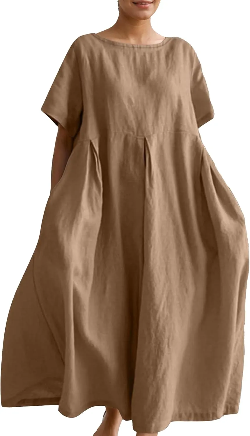 Women's Flowy Cotton Linen Maxi Dress Summer Crewneck Short Sleeve Swing Casual Beach T Shirt Dress with Pockets