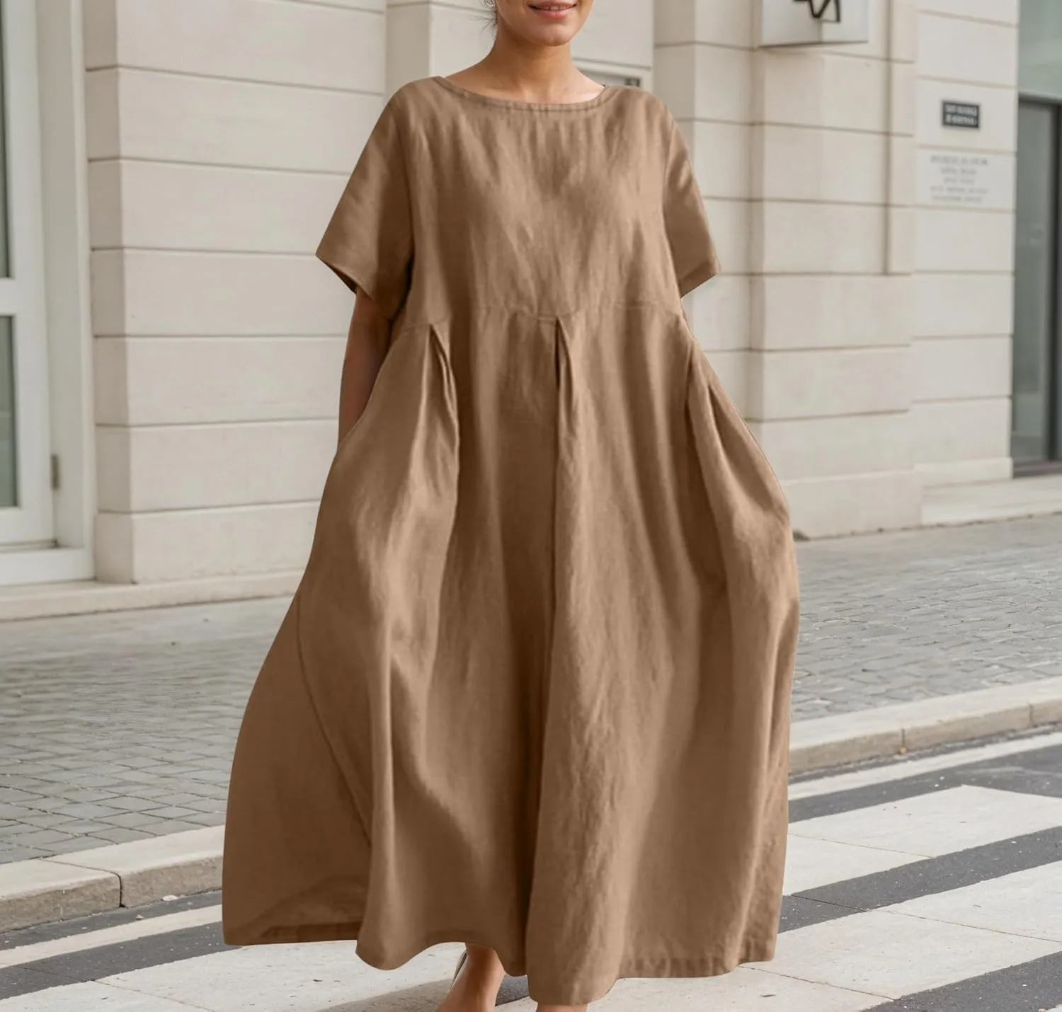 Women's Flowy Cotton Linen Maxi Dress Summer Crewneck Short Sleeve Swing Casual Beach T Shirt Dress with Pockets