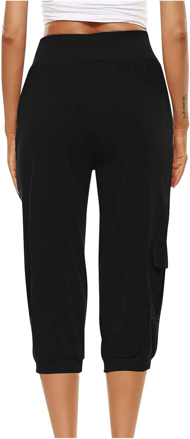 Women's Light Weight Summer Capris Cotton Linen Capri Pants Drawstring High Waist Pant Crop Workout Pants with Pockets