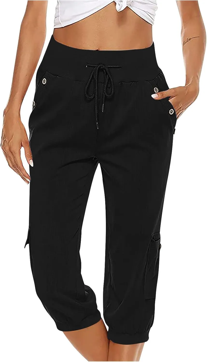 Women's Light Weight Summer Capris Cotton Linen Capri Pants Drawstring High Waist Pant Crop Workout Pants with Pockets