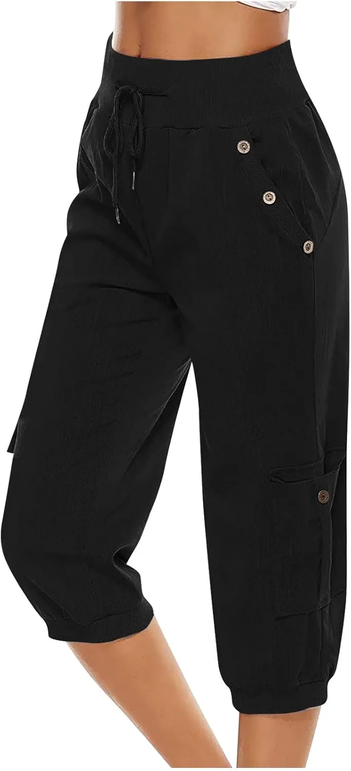 Women's Light Weight Summer Capris Cotton Linen Capri Pants Drawstring High Waist Pant Crop Workout Pants with Pockets