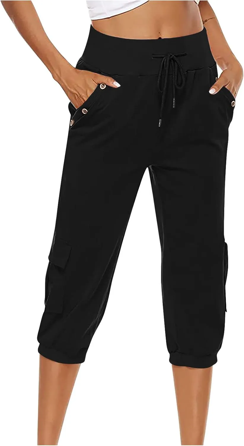 Women's Light Weight Summer Capris Cotton Linen Capri Pants Drawstring High Waist Pant Crop Workout Pants with Pockets