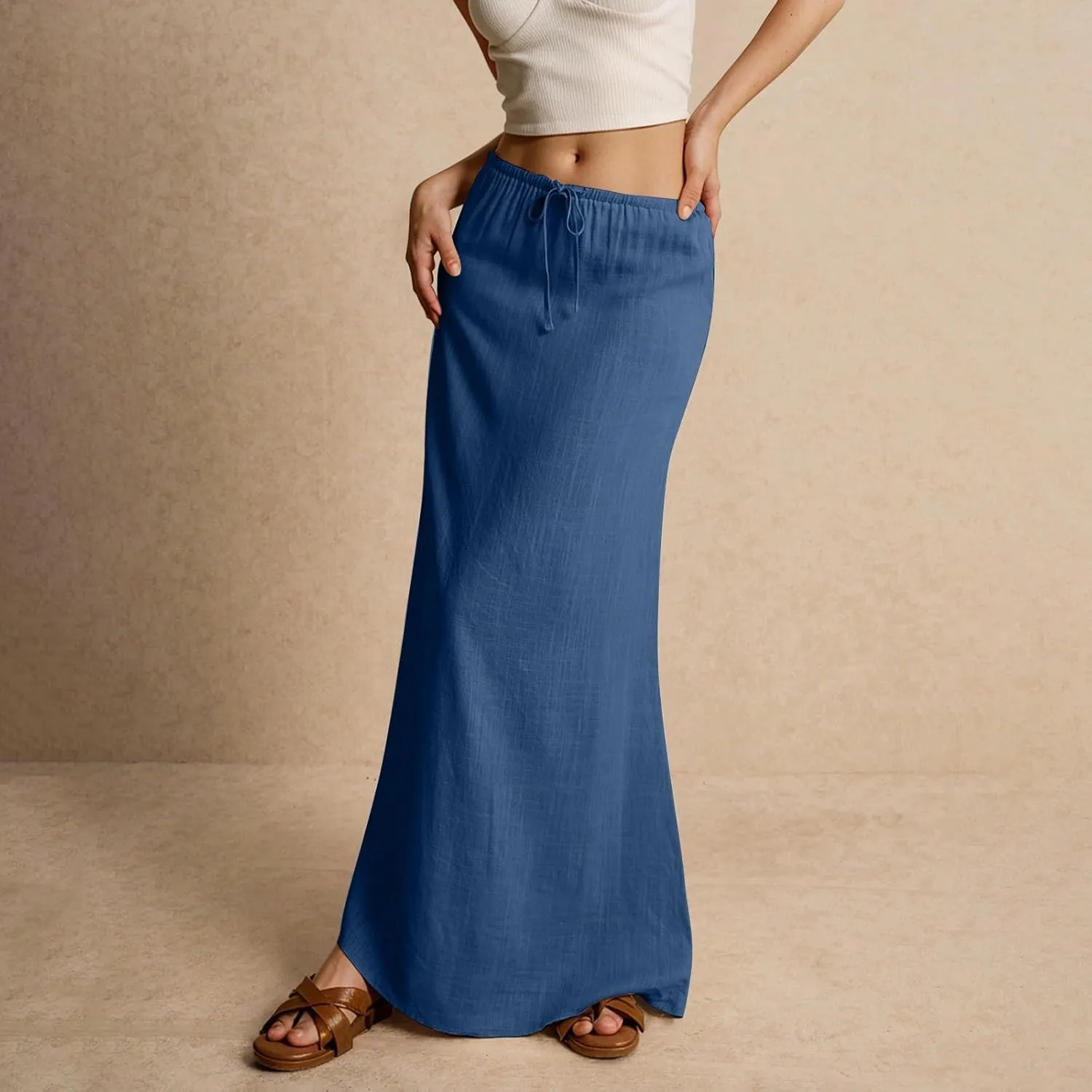 Women's Skirts Comfy Drawstring Low Rise Long Flowy Skirts Beach Womens Linen Maxi Skirt with Slit Summer Plus Size