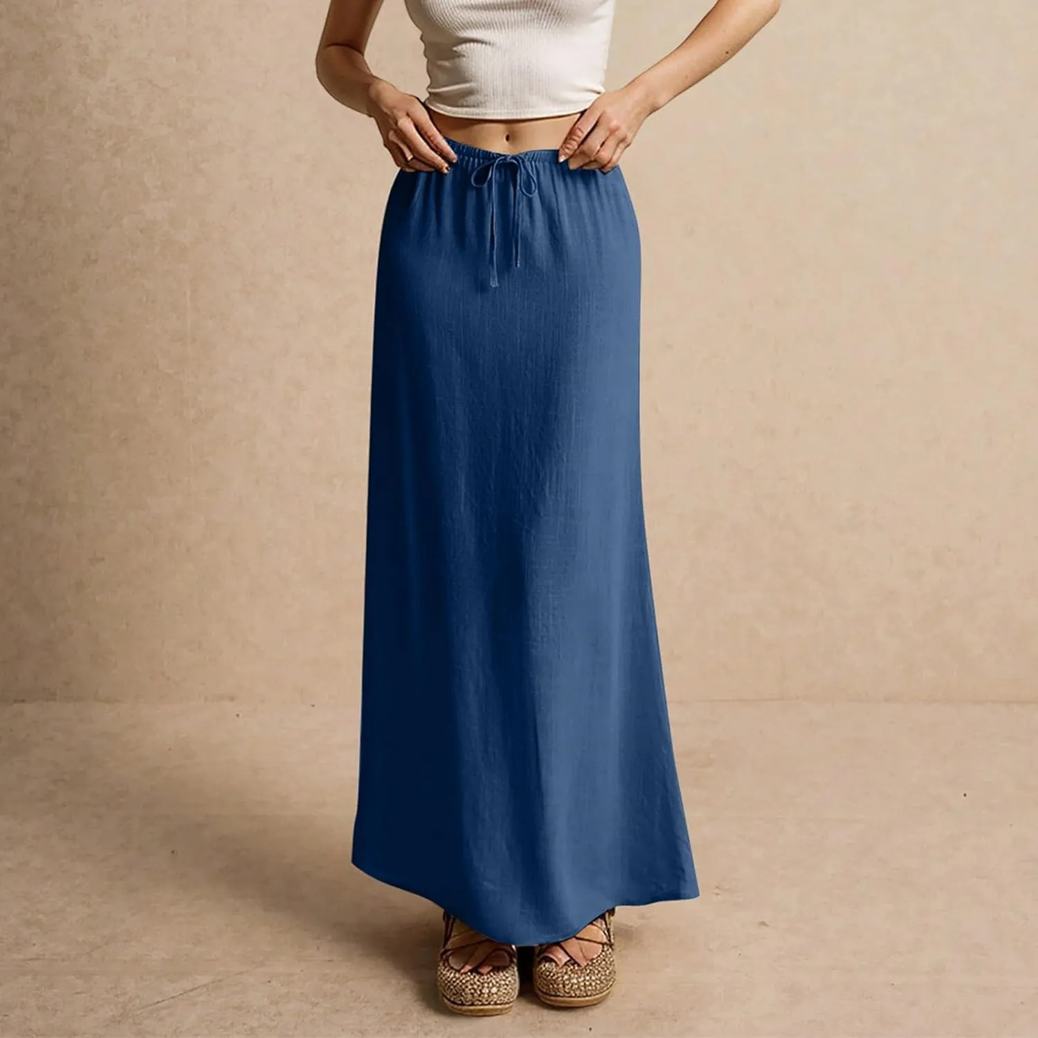 Women's Skirts Comfy Drawstring Low Rise Long Flowy Skirts Beach Womens Linen Maxi Skirt with Slit Summer Plus Size