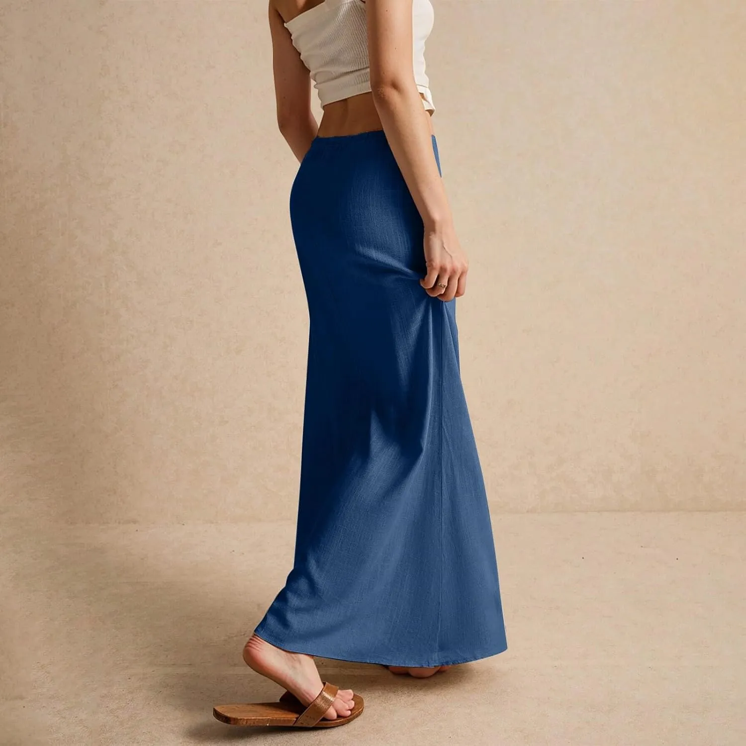 Women's Skirts Comfy Drawstring Low Rise Long Flowy Skirts Beach Womens Linen Maxi Skirt with Slit Summer Plus Size