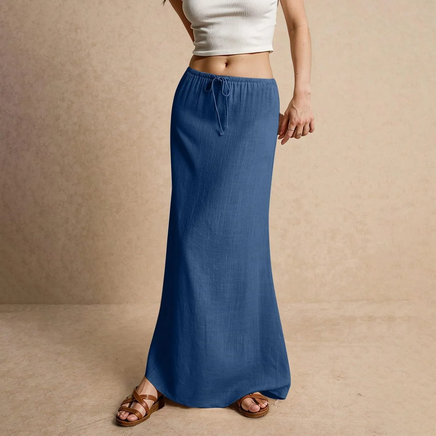 Women's Skirts Comfy Drawstring Low Rise Long Flowy Skirts Beach Womens Linen Maxi Skirt with Slit Summer Plus Size