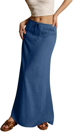 Women's Skirts Comfy Drawstring Low Rise Long Flowy Skirts Beach Womens Linen Maxi Skirt with Slit Summer Plus Size