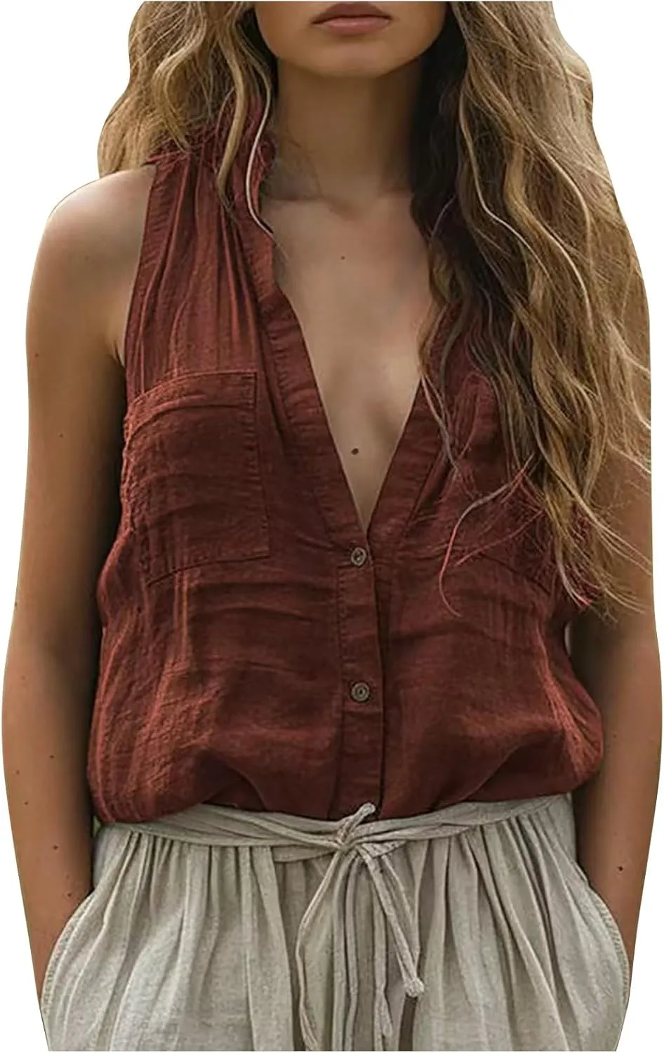 Womens Tank Tops Trendy V Neck Button Down Shirts Casual Cotton Linen Blouse Summer Sleeveless Tshirt