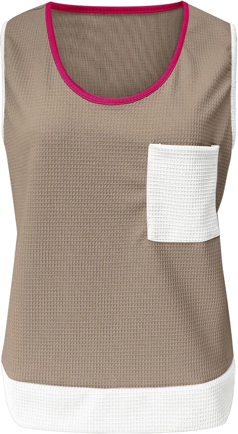 Womens Waffle Knit Tank Tops with Pockets, Summer Casual Crewneck Sleeveless Shirts Color Block Blouses