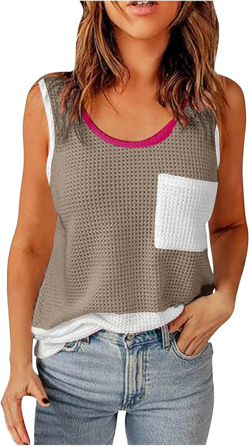 Womens Waffle Knit Tank Tops with Pockets, Summer Casual Crewneck Sleeveless Shirts Color Block Blouses