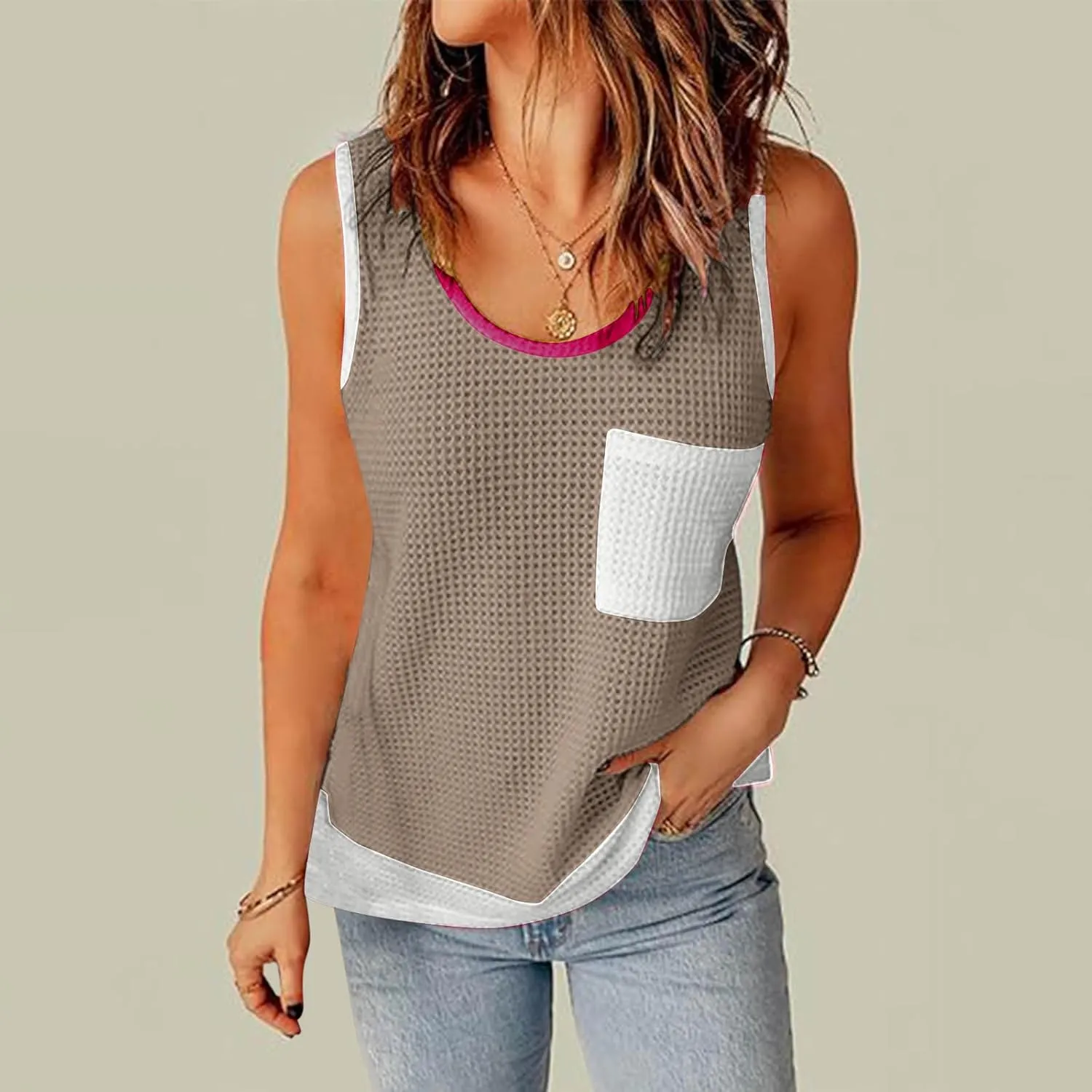 Womens Waffle Knit Tank Tops with Pockets, Summer Casual Crewneck Sleeveless Shirts Color Block Blouses