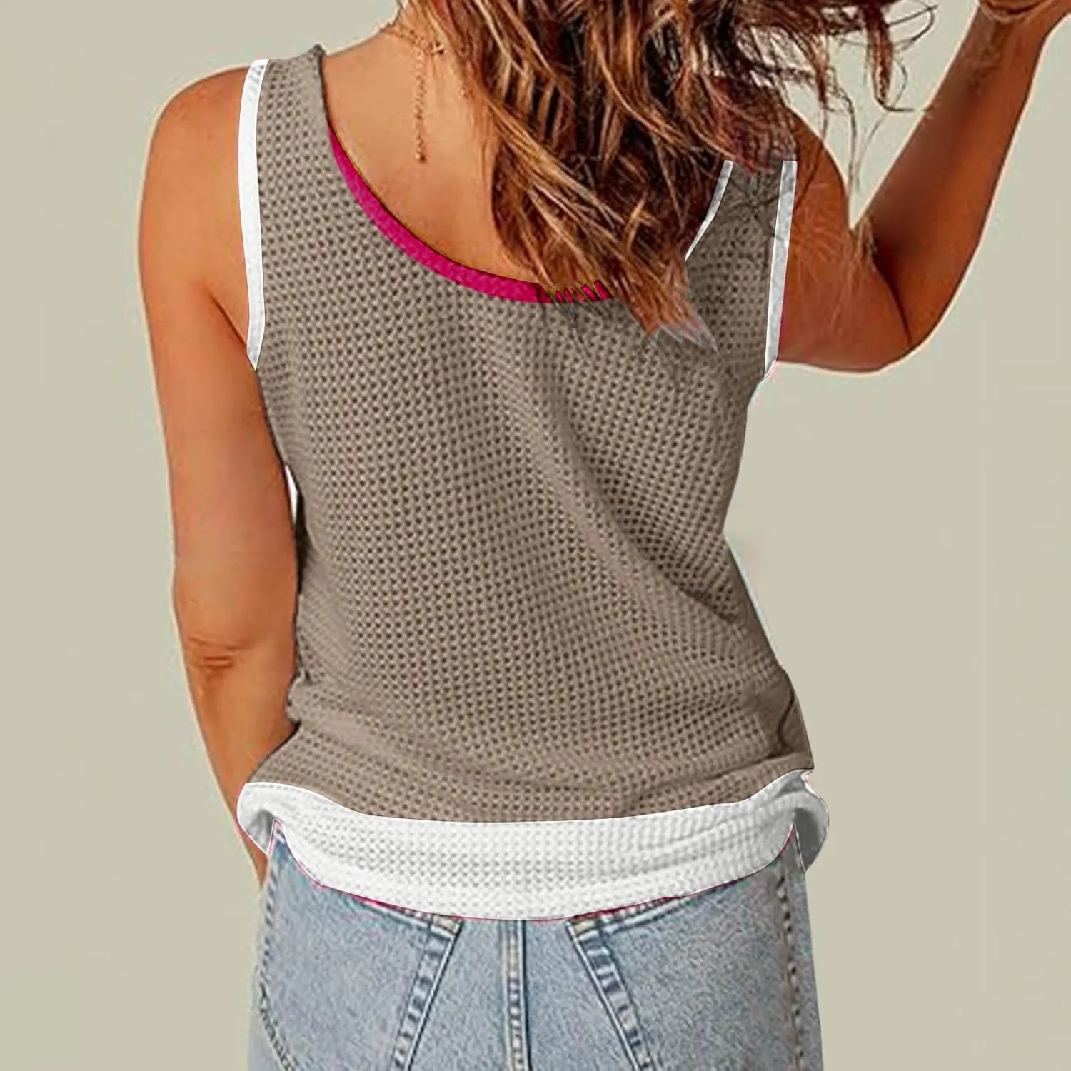 Womens Waffle Knit Tank Tops with Pockets, Summer Casual Crewneck Sleeveless Shirts Color Block Blouses