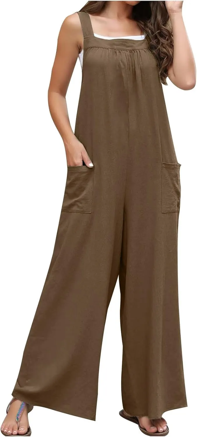 Women's Wide Leg Jumpsuit Loose Fit Overalls Summer Beach Jumpsuit Casual Romper Sleeveless Jumpsuit One Piece Outfits