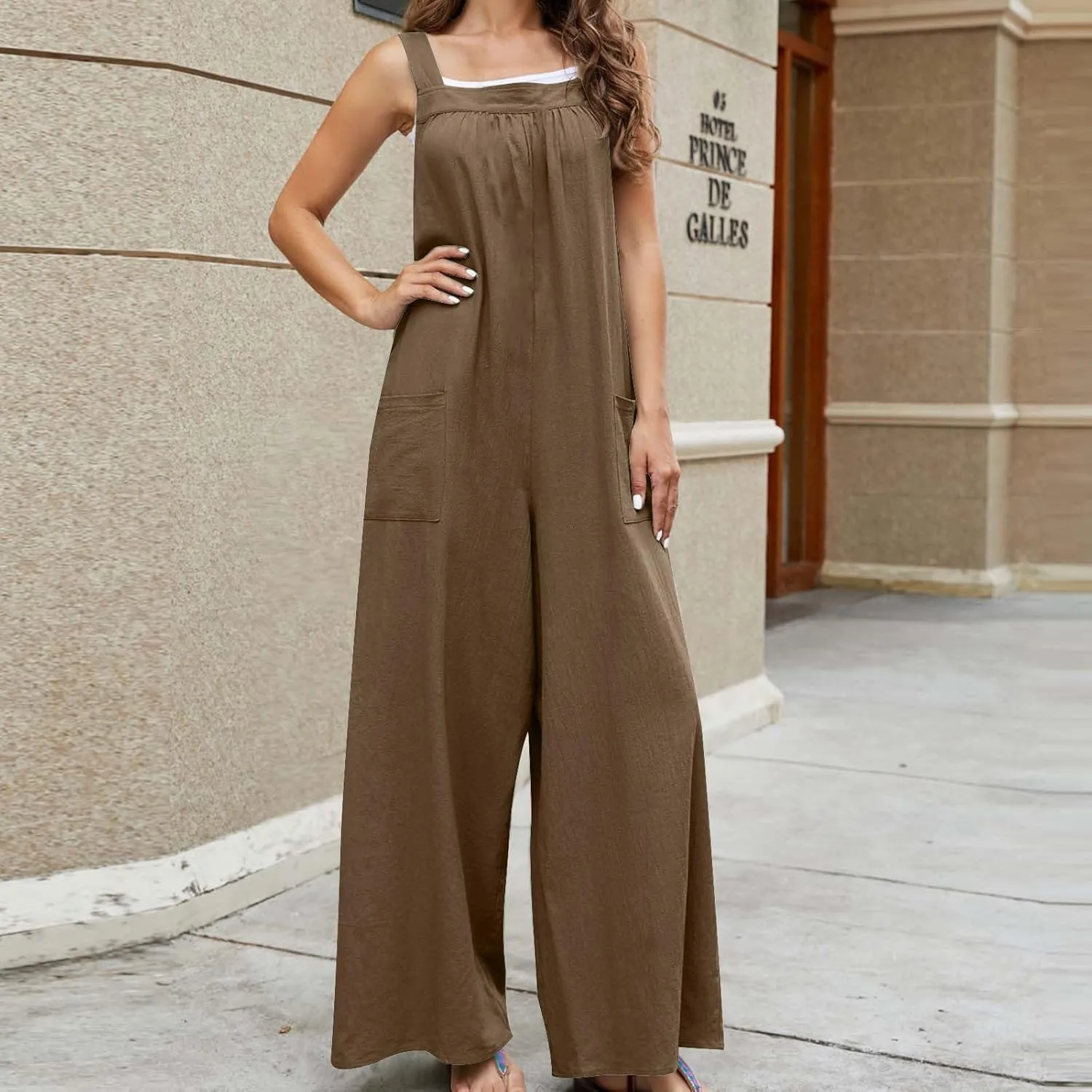 Women's Wide Leg Jumpsuit Loose Fit Overalls Summer Beach Jumpsuit Casual Romper Sleeveless Jumpsuit One Piece Outfits