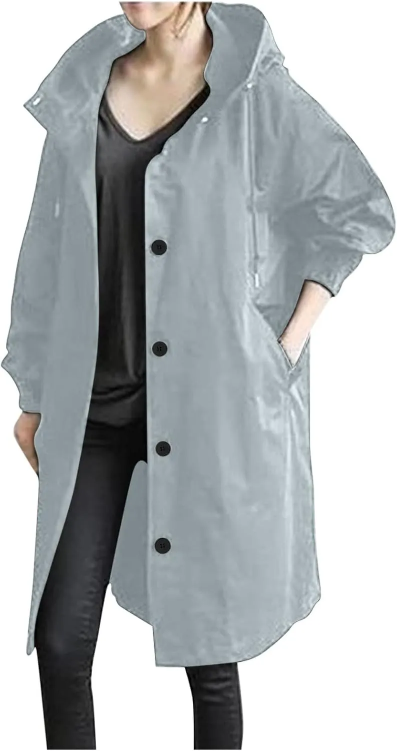 XUNRYAN Women's Windbreaker Waterproof Lightweight Rain Jacket Active Outdoor Hooded Raincoat Light Thin Maxi Long Coat