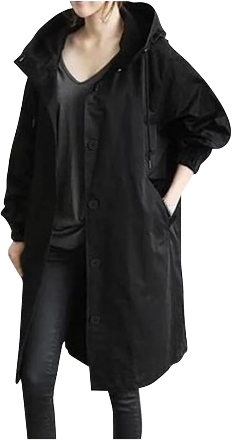 XUNRYAN Women's Windbreaker Waterproof Lightweight Rain Jacket Active Outdoor Hooded Raincoat Light Thin Maxi Long Coat